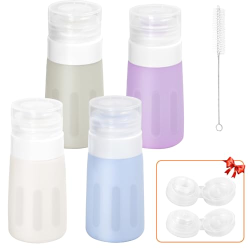 Salad Dressing Container To Go, 4 Pack Condiment Squeeze Bottles for Sauces, Mini Silicone Liquids Containers for Bento Lunch Box, Travel Bottles for Toiletries Refillable with 2 Extra Caps+Brush, 2Oz