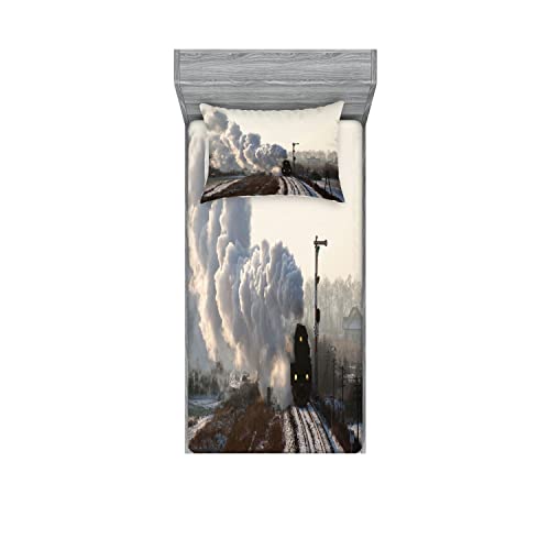 Ambesonne Steam Engine 2 Pack Fitted Sheet & Pillow Sham Set, Train Snowy Scene, 4 Pcs Bedding Decor, Package Contains 2 Twin Size Fitted Sheets & 2 Pillow Covers, Dimgrey