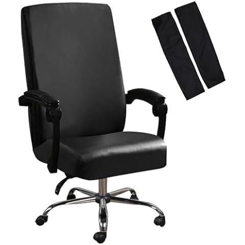 Shukii Waterproof Office Chair Cover+Arm Cover PU Leather Computer Seat Covers Stretch Rotating Chair Slipcover with Elastic Bottom Universal Chair Protectors for Rotating Boss Chair (Black, Large) Cover