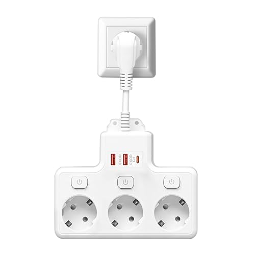 Ladron Enchufes con Interruptor Independientes,Multiple Enchufes USB C con 3 Tomas Adaptador,Regletas Enchufe Pared con 3 Carga Rápida USB PD20W,Cable 0,1m,Blanco
