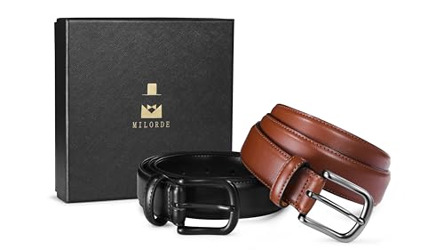 Image of MILORDE Men's Leather Dress Belt 2Pack, Handmade, Genuine Leather, Fashion & Classic Designs for Work Business and Casual