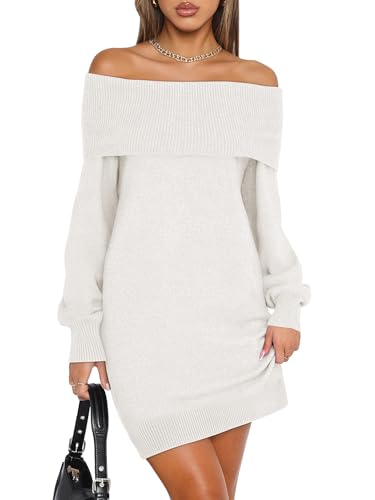 ANRABESS Womens Off The Shoulder Sweater Dress Casual Loose Knit 2025 Fall Winter Trendy Long Sleeve Pullover Mini Dresses White M