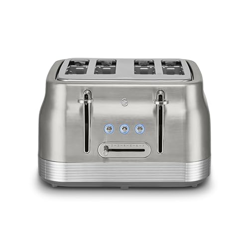 Swan ST19029SS Retro 4 Slice Toaster with 7 Browning Levels, Removable Crumb Trays, Defrost, Reheat and Cancel Functions, Hidden Cord Storage, Non-Slip Feet, 1860W, Stainless Steel