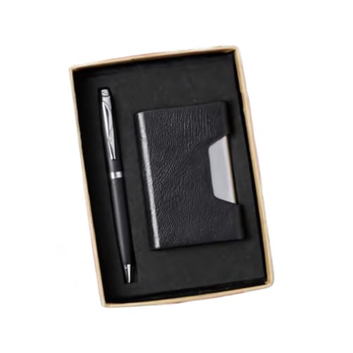 Image of 2-in-1 Card Holder and Metal Pen Gift Set, Black Leather Steel Business Card Case, Corporate Gift Set (Black)