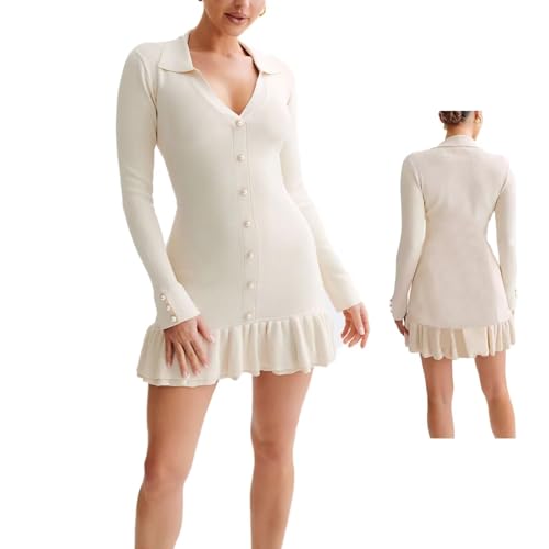 Sheface Women's Long Sleeve Ruffle Hem Knit Sweater Dress Collared Back Tie Knot Cut Out Mini Bodycon Dress, Beige-back Not Cutout, M