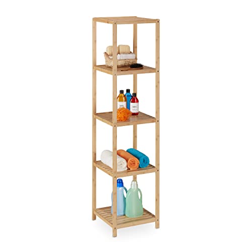 Relaxdays Badregal, Bambus, 5 Ablagen, HBT: 162 x 38 x 39,5 cm, Standregal für Badezimmer & Küche, freistehend, Natur