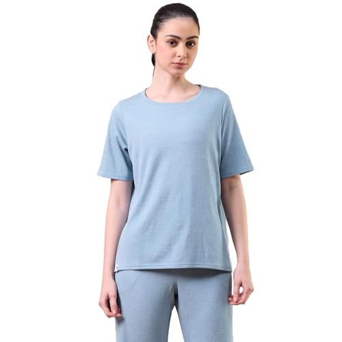 Image of TECHNOSPORT Women Relaxed Fit Cubic Melange Round Neck T-Shirt | Quick Dry Polyester Casual Tee with UPF 50+ UV Protection, Anti-Microbial & Double Cool Technology