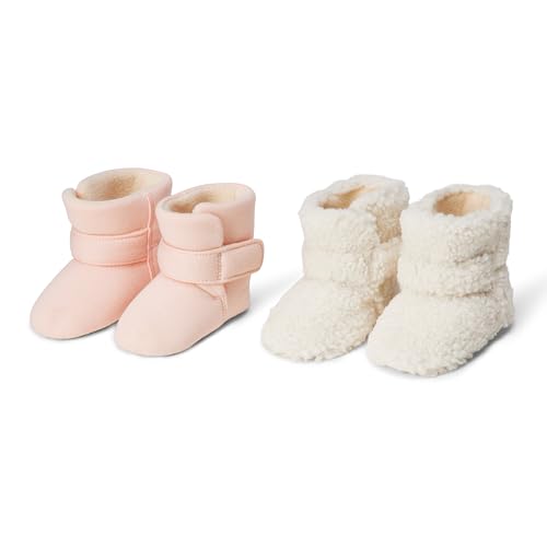 Amazon Essentials Patucos Suaves con Cierre de Gancho y Bucle, Zapatos para Bebés, Calcetines Antideslizantes para Bebés Unisex bebé, Paquete de 2, Natural Sherpa Rosa, 18 EU