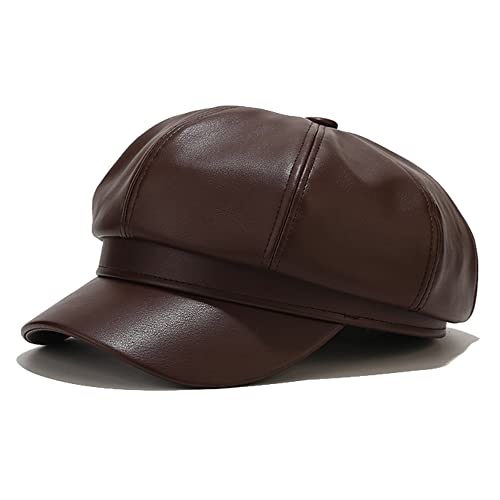 Voilipex Womens PU Leather Newsboy Cap 8 Panel Paperboy Newsie Cap Bakerboy Beret Cabbie Hat (Dark Brown)