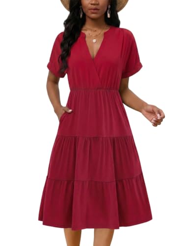 Image of PerZeal Women's Casual Tiered Midi Dress with Pockets - V Neck Short Sleeve Elastic Waist Ruffle Summer Dress for Daily Wear