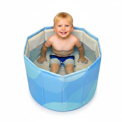 WAVYEASE Faltbare Babybadewanne für Kleinkinder | Nicht aufblasbar, Aufbau in 1 Sekunde | Tragbare Reisebadewanne für 12-60 Monate, für Dusche & Zuhause (Blau)