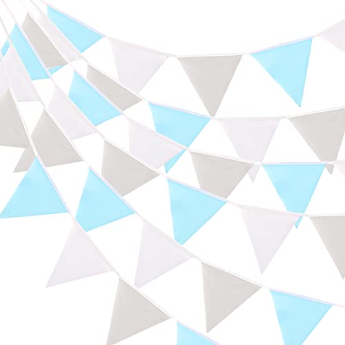 G2PLUS 12M Large Fabric Bunting Banner, 19x21CM Reusable Cotton Triangle Flag Garland with 42PCS Blue Grey and White Pennants for Garden Tea Wedding Baby Shower Birthday Parties