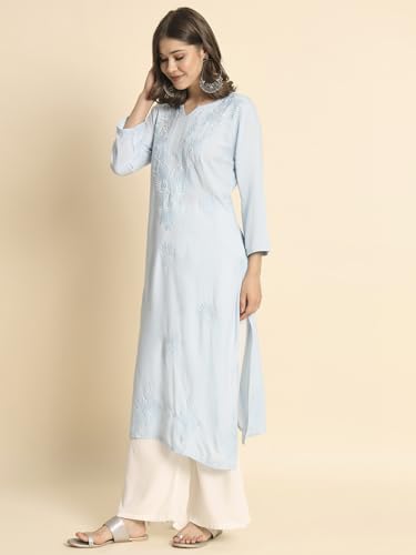 Image of VAIRAGEE Women's Embroidered Lukhnavi Chikankari Work Straight Rayon Ethnic Kurta | Casual Office Kurta for Women