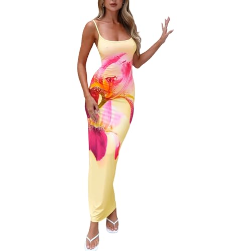 Image of Womens Summer Casual Floral Dresses Spaghetti Strap Bodycon Maxi Beach Dress Elegant Evening Party Long Dresses