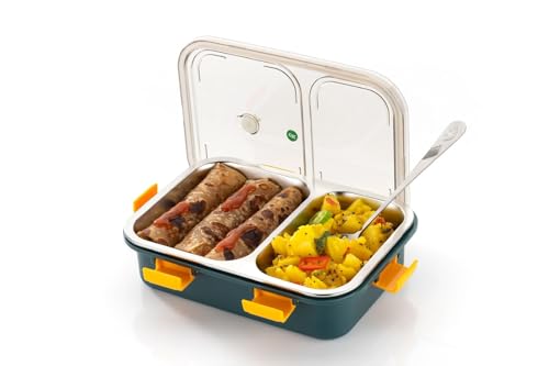 Image of Brand Conquer Lunch Box Leak-Proof BPA Free Stainless Steel for School, Lunch Box for School & Office with a Fork, a Spoon and a Pair of Chopsticks (Green, 2 Compartment)