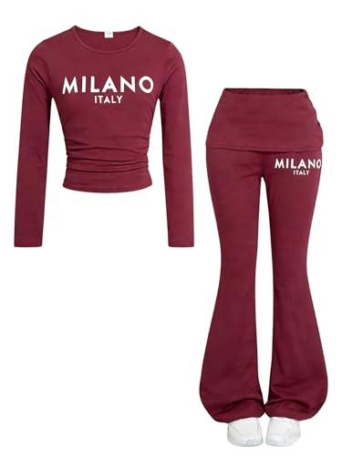 Image of OLMRJKD Girls 2 Piece Outfits Long Sleeve Letter Printed Sweatshirt & Flared Pants Fall Clothing Set Size 7-14 Years