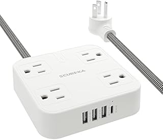8Ft Power Strip with USB C - 4 Outlets 4 USB Ports, Flat Plug Braided Extension Cord, Mount Desk Charging Station for Travel, Cruise Ship, Home & Office, ETL Listed