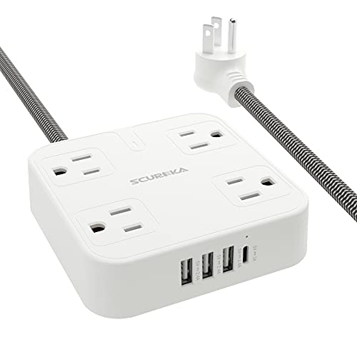 8Ft Power Strip with USB C - 4 Outlets 4 USB Ports, Flat Plug Braided Extension Cord, Mount Desk Charging Station for Travel, Cruise Ship, Home & Office, ETL Listed