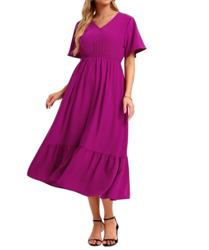 Image of Women's Summer Short Sleeve Maxi Floral Flowy Dresses with Pockets