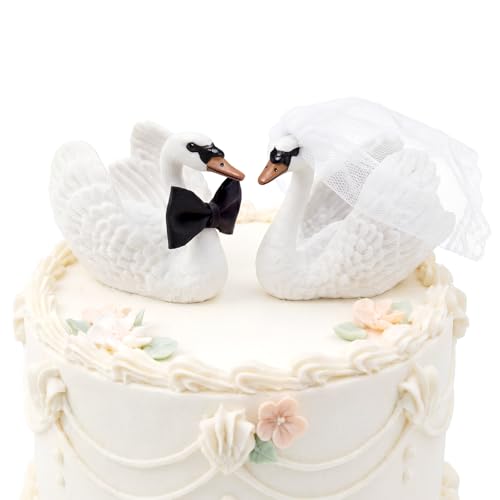 Hotop 2pcs Mini Swan Couple Wedding Cake Toppers Bride and Groom Resin Funny Figurines Animals Figures Decoration for Wedding Engagement Cake Ornament Anniversary Birthday Decorations