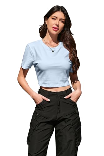 Image of Betusline Girls & Women Basic Summer Short Sleeve Slim Fit T-Shirts Soft Crewneck Crop Y2k Tee Cute Gym Fashion Clothes