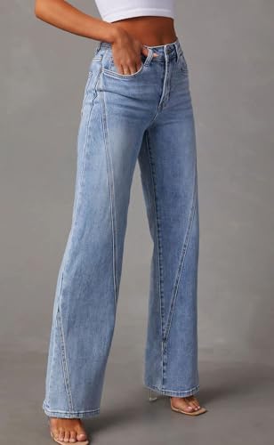 loveimgs Women Casual Denim Jeans Pants Stretch Wide Leg Jeans Bootcut Patchwork High Waisted Flare Jeans4