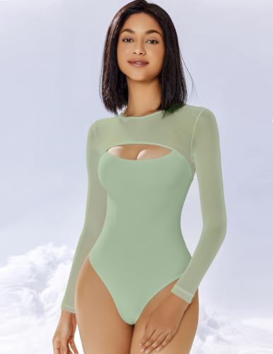 Image of Avidlove Bodysuits for Women Round Neck Long Sleeve Mesh Bodysuit