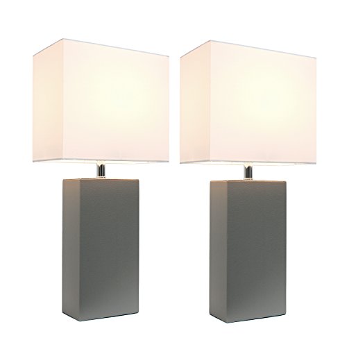 Elegant Designs Lc2000-Gry-2Pk 2 Pack Modern Leather Table Lamps With White Fabric Shades, Gray #TOP1