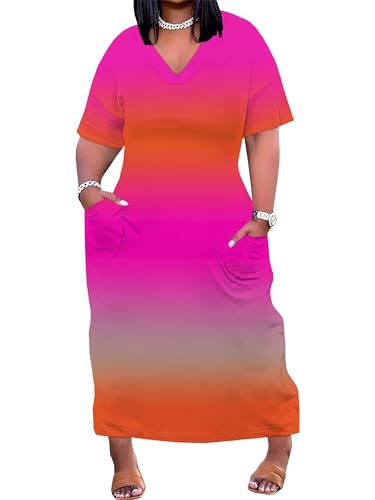 Image of SUZONANA Women Casual T-Shirt Dress V Neck Short Sleeve Solid Color Oversize Dress with Front Two Pockets
