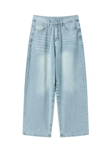 Men's Vintage Blue Jeans, Lightweight Zipper Placket Straight Jeans, High Street Hip-Hop Trousers