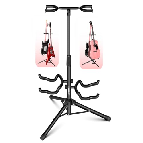 5 CORE Guitar Stand Adjustable Double Guitars Stands Floor w Neck Holder Universal Supports for Acoustic Electric Classic Bass Instrument Folding Portable Black - GSH 2N1