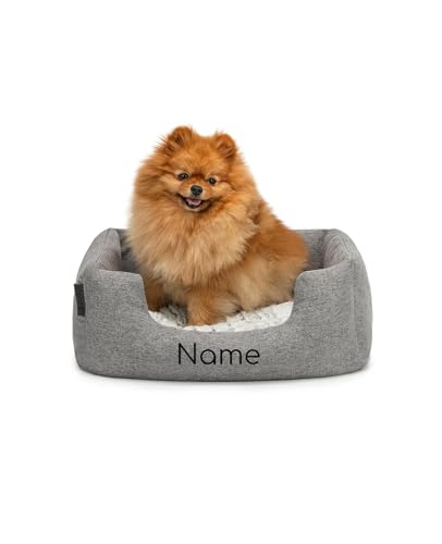 lionto Hundekörbchen mit flauschigem Wendekissen, kuscheliges Heimtierbett in meliertem Design mit tiefem Einstieg für Hunde & Katzen Aller Größen, 60x50 cm, weiches Hundebett, grau (Namensaufdruck)