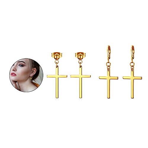 Dangle Stud Earrings,Flongo Men's Womens Stainless Steel Pearl Cross Dangle Hinged Stud Earrings,Piercing Christmas Cross Huggie Hoop Earrings Gift For Men Women Wedding Valentine's Day #TOP1