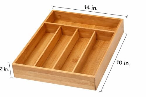 Image of YBM Home Bamboo Cutlery Tray Flatware Silverware Drawer Organizer with 5 Compartments, 338