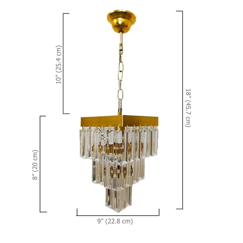 Image of Square Shaped 9 Inches Modern Crystal Chandelier, Jhumar for Home Decoration, Chandelier for Hall /Balcony /Living Room /Bedroom, Ceiling Hanging Lights, Golden (Bulb Included)