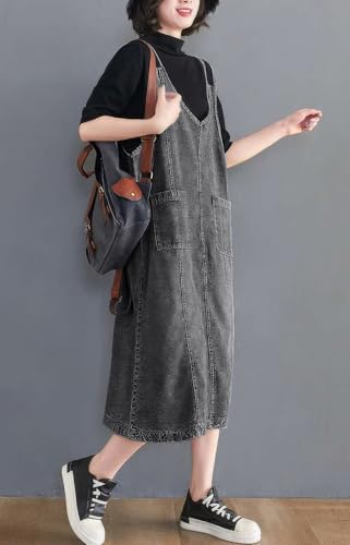 Image of ebossy Women's Sleeveless V Neck Denim Overall Jumper Dress Casual Loose Double Spaghetti Straps Midi Jean Dress
