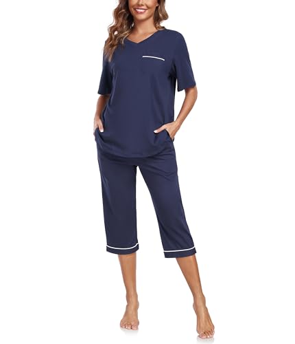 CF 100% Cotton Womens Pajama Sets for Women 2 Piece Pj Sets Sleepwear Lounge Set Short Sleeve Shirt and Capri Pants