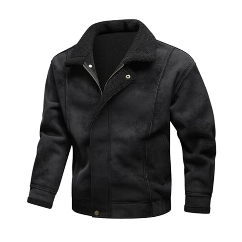 Generisch Chaqueta bomber de piel sintética vintage para hombre, chaqueta de piel sintética con cuello de felpa y cremallera, chaqueta de felpa para hombre, chaqueta de invierno forrada de forro polar