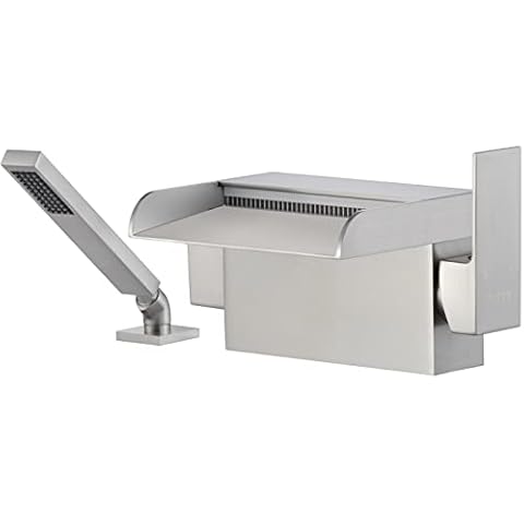 LLGG High Flow Waterfall Roman Deck Mount Tub Faucet Brushed Nickel Bathtub Faucets Tub Filler Deck Mounted Bathroom Faucets with Sprayer Hand Shower Cover