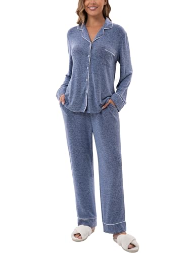 Image of UMBY Women's Silk Satin Pajama Sets, 2 Piece Silky Pjs Sets for Women, Soft Pajama Set with Long Sleeve Top and Pants Deep Blue