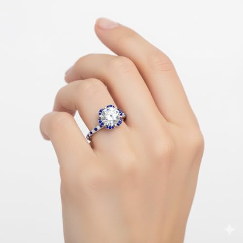 Image of 55Carat Choose Your Gemstone 6 Petal Ring Sterling Silver Round Shape Halo Engagement Rings Well Shaped for Any Gift Giving Occassion Modern Style Enchating Women US Size 4 to 12
