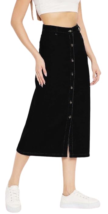 tripursundari fashion Denim Straight Skirt, Black, Long Length, Button Front, Women's Wear-picture-12