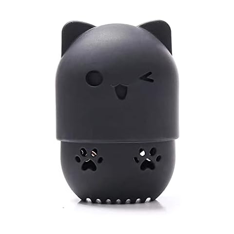 Makeup Sponge marshmallow sponge for foundation Silicone Travel Case Beauty blender holder Washable Reusable Cat Shape Cosmetic Sponge Container (Black) Cover