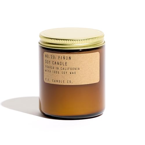 P.F. Candle Co. Piñon Classic Standard Scented Soy Wax Candle (7.2 oz) 40-50 Hour Burn Time, Amber Glass Jar, Made in The U.S.A.
