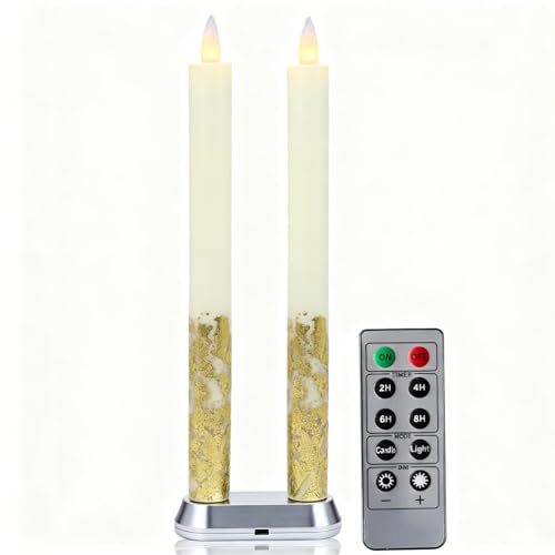Image of Rechargeable Flameless Taper Candle with Remote Timer, 3D Moving Flame Real Wax Candles (Includes Remote Control, Charging Base, and USB Cable) (Rech-2Taper-Ivory Gold Leaf, 9in)