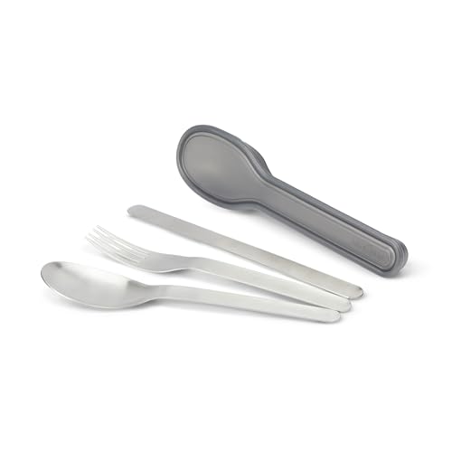BLACK + BLUM Nesting Cutlery Set 3 Piece Stainless Steel Compact Travel Cutlery Set (Knife, Fork, and Spoon) Portable Tableware with Snap Shut Case, Silver