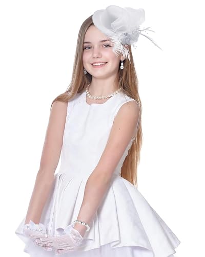 Mini Tea Party Hat Girl Fascinator with Pearl Necklace Earring Gloves Set for Girls Birthday Wedding 1920s Costume2