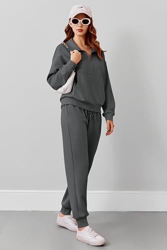 Image of PINSPARK 2 Piece Sets for Women Long Sleeve Half Zip Tracksuit Jogger Sets | 2026 Fall Travel Outfits Lounge Set, Lightweight Soft Air Layer Fabric, Kangaroo Pocket Sweatshirt, Drawstring Joggers Pants