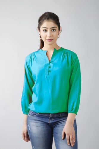 Image of Himanshi Enterprises Women's 3 /4 Sleeves Mandarin Nack Rayon Casual Solid Short Kurti