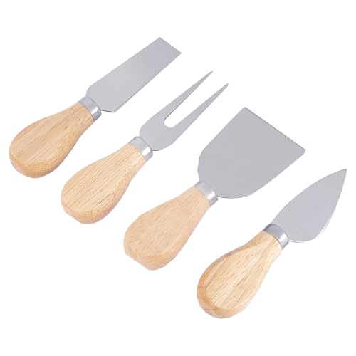 4 Cheese Knives Set - Knife, Fork, Slicer, Butter Knife - Stainless Steel With Rubber Wood Handle for Charcuterie Board